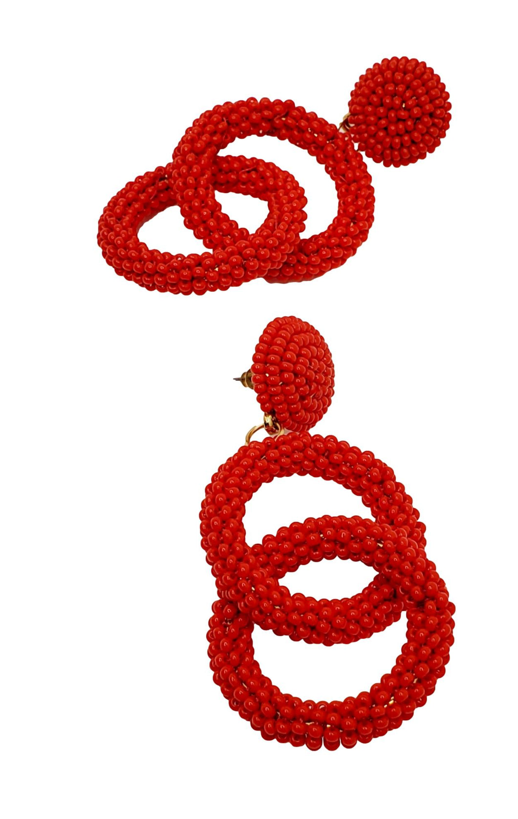Women's Double Hoop Red Seed Bead Dangle Drop Earrings
