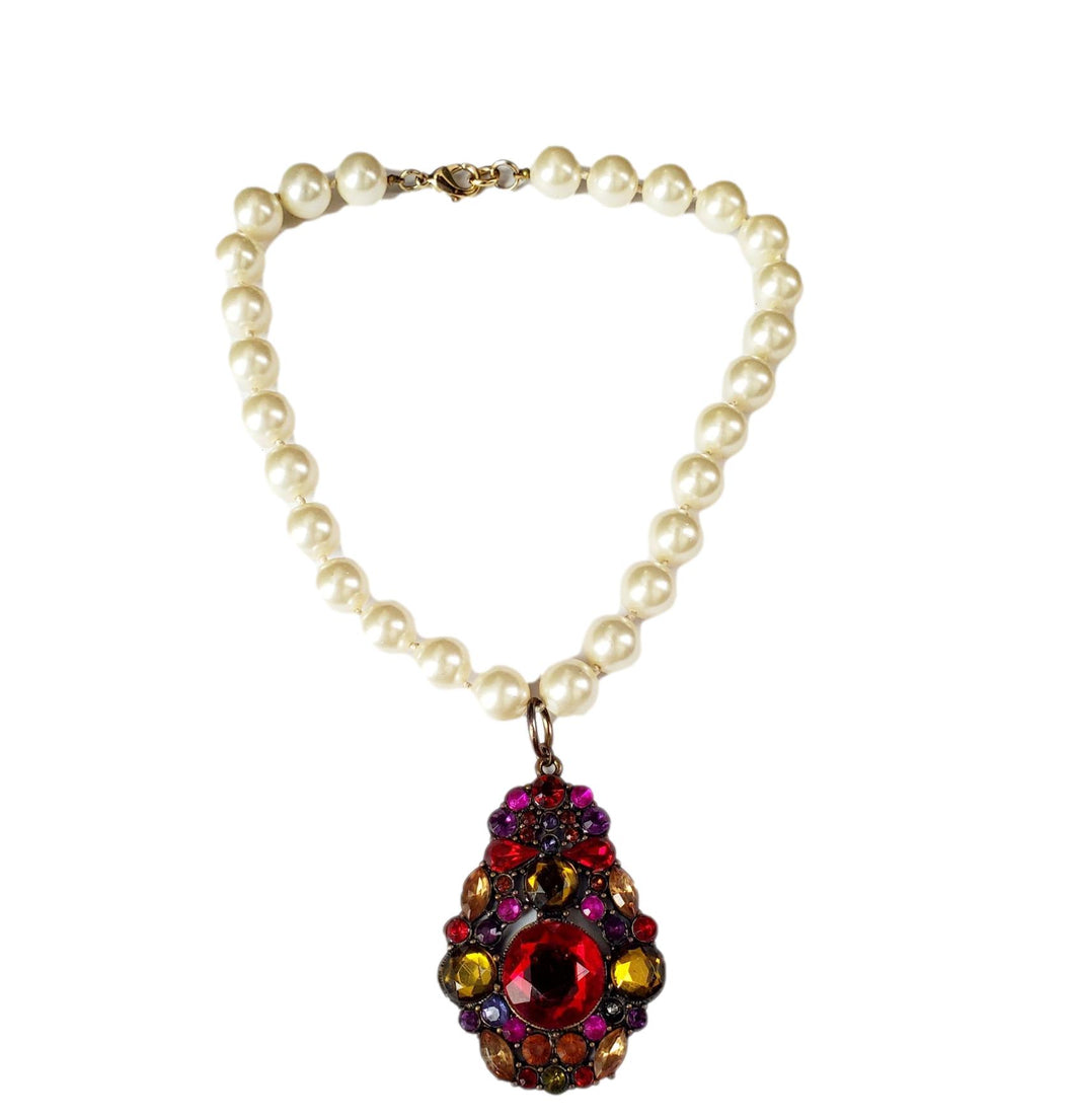 Faux Pearl Necklace With Red Jewel Pendant