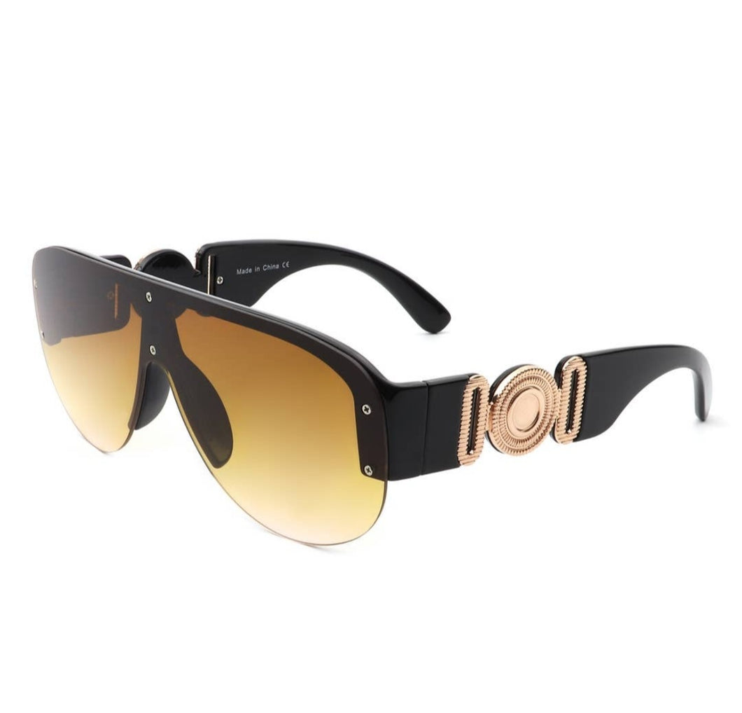 Women's Classic Half Frame Oversized Retro Black/Gold Aviator Fashion Sunglasses by Cramilo Eyewear
