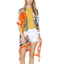 Load image into Gallery viewer, Women&#39;s White &amp; Orange Floral Print Kimono Style Kaftan Cover-up
