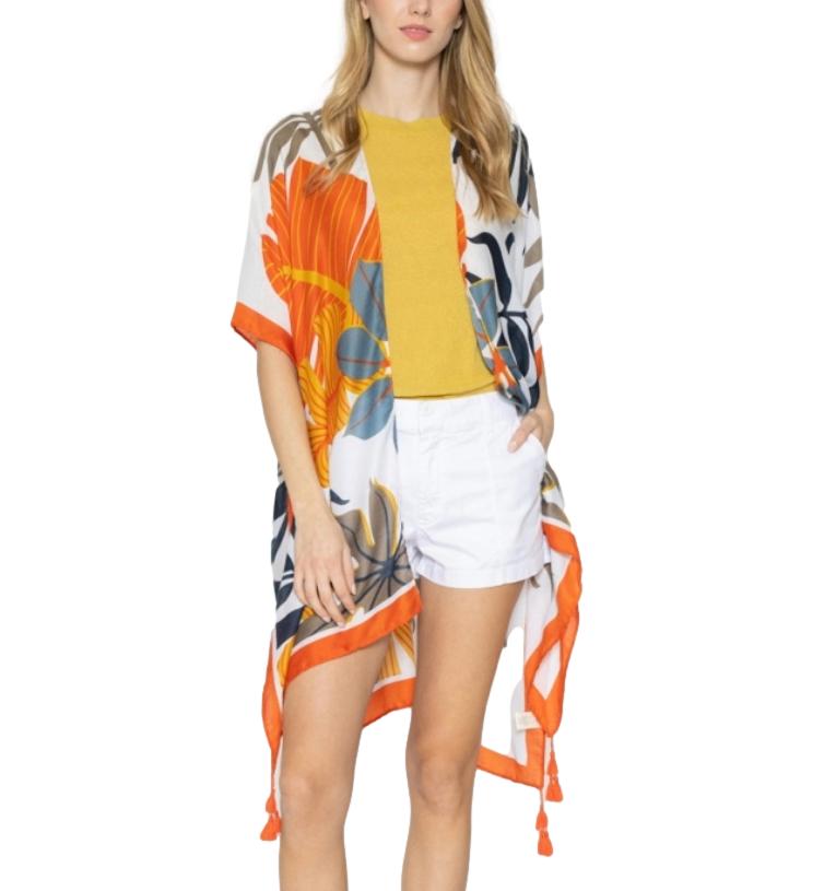 Women's White & Orange Floral Print Kimono Style Kaftan Cover-up