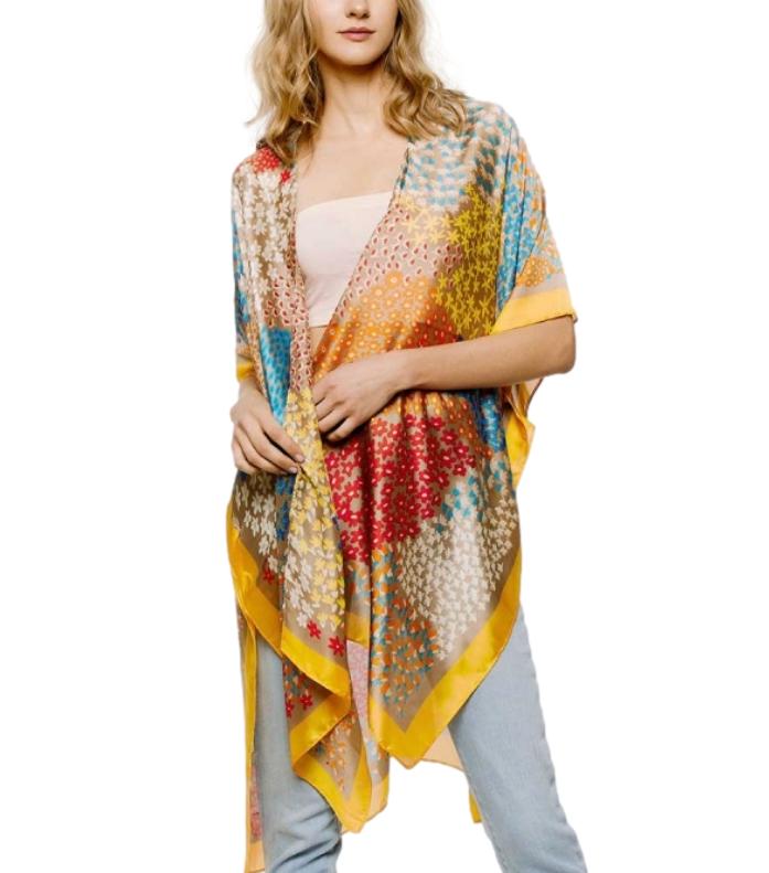 Women's Silky Gold Multi-color Print Kimono Style Kaftan Cover-up