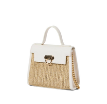 Load image into Gallery viewer, Women&#39;s Straw and White Vegan Leather Top Handle Handbag
