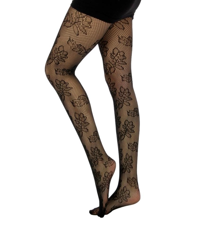 Women's Black Fishnet Floral Design Tights, Pantyhose