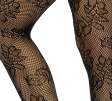 Load image into Gallery viewer, Women&#39;s Black Fishnet Floral Design Tights, Pantyhose
