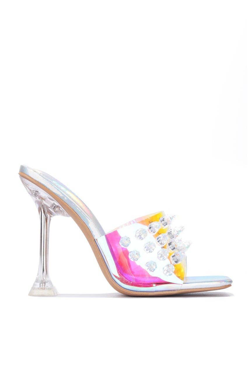 Women's Crystalline Clear Hologram Spiked Slide-in Pedestal Heel Special Occasion Shoe